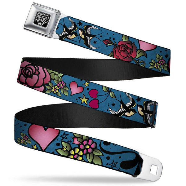 Buckle-Down BD Wings Logo CLOSE-UP Full Color Black Silver Seatbelt Belt - Mom & Dad CLOSE-UP Blue w/Sparrows Webbing