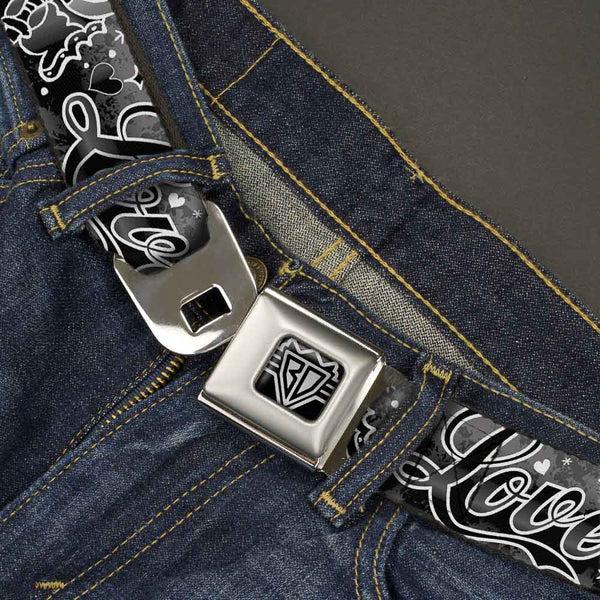 Buckle-Down BD Wings Logo CLOSE-UP Full Color Black Silver Seatbelt Belt - Love Love Black/White Webbing