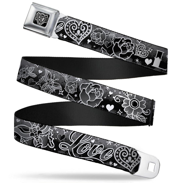 Buckle-Down BD Wings Logo CLOSE-UP Full Color Black Silver Seatbelt Belt - Love Love Black/White Webbing