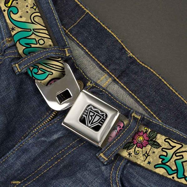 Buckle-Down BD Wings Logo CLOSE-UP Full Color Black Silver Seatbelt Belt - Love Kills Tan Webbing