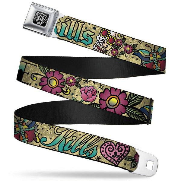 Buckle-Down BD Wings Logo CLOSE-UP Full Color Black Silver Seatbelt Belt - Love Kills Tan Webbing
