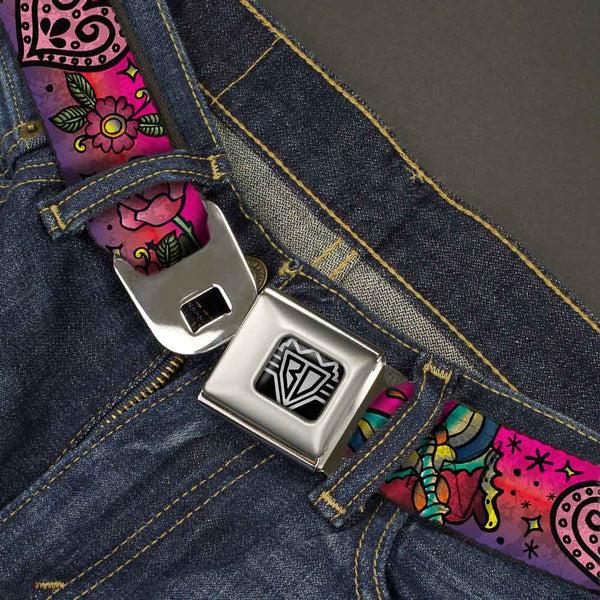 Buckle-Down BD Wings Logo CLOSE-UP Full Color Black Silver Seatbelt Belt - Love Kills CLOSE-UP Pink Webbing