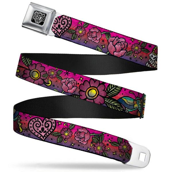 Buckle-Down BD Wings Logo CLOSE-UP Full Color Black Silver Seatbelt Belt - Love Kills CLOSE-UP Pink Webbing