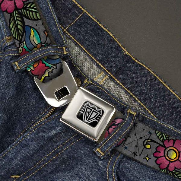 Buckle-Down BD Wings Logo CLOSE-UP Full Color Black Silver Seatbelt Belt - Love Kills CLOSE-UP Gray Webbing