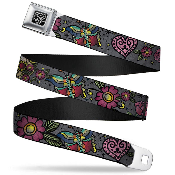 Buckle-Down BD Wings Logo CLOSE-UP Full Color Black Silver Seatbelt Belt - Love Kills CLOSE-UP Gray Webbing