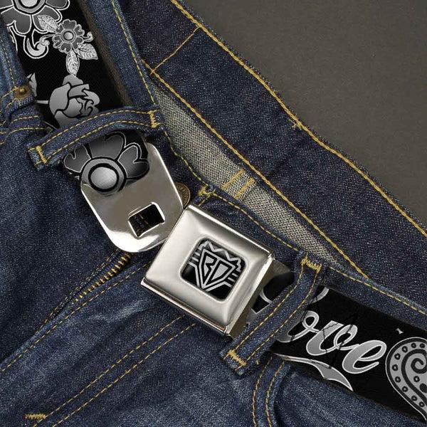 Buckle-Down BD Wings Logo CLOSE-UP Full Color Black Silver Seatbelt Belt - Love Kills Black/White Webbing