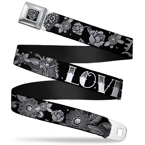 Buckle-Down BD Wings Logo CLOSE-UP Full Color Black Silver Seatbelt Belt - Love Kills Black/White Webbing