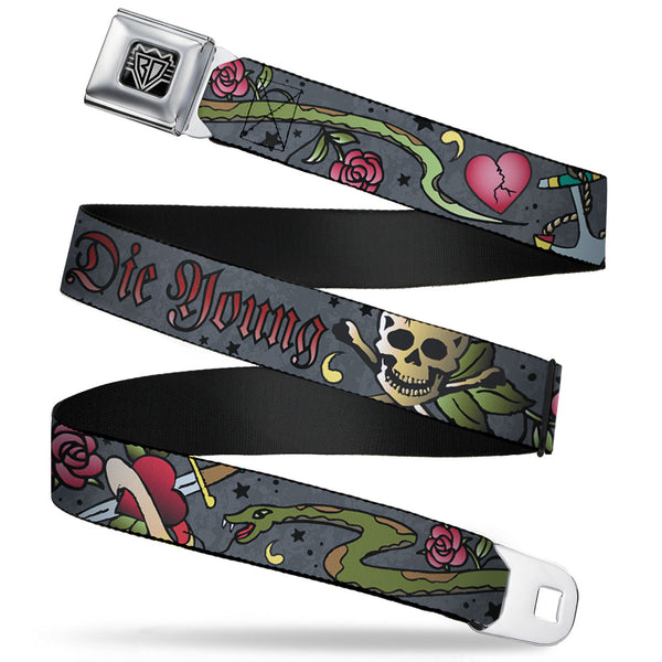 Buckle-Down BD Wings Logo CLOSE-UP Full Color Black Silver Seatbelt Belt - Live Hard Die Young Gray Webbing