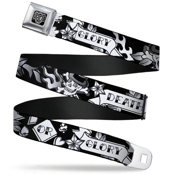 Buckle-Down BD Wings Logo CLOSE-UP Full Color Black Silver Seatbelt Belt - Death or Glory Black/White Webbing