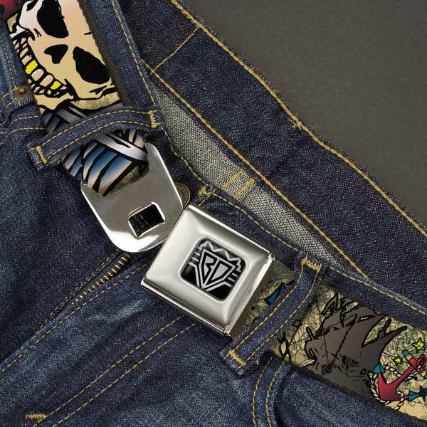 Buckle-Down BD Wings Logo CLOSE-UP Full Color Black Silver Seatbelt Belt - Dead Men Tell No Tales Tan Webbing