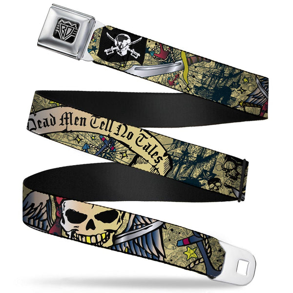 Buckle-Down BD Wings Logo CLOSE-UP Full Color Black Silver Seatbelt Belt - Dead Men Tell No Tales Tan Webbing