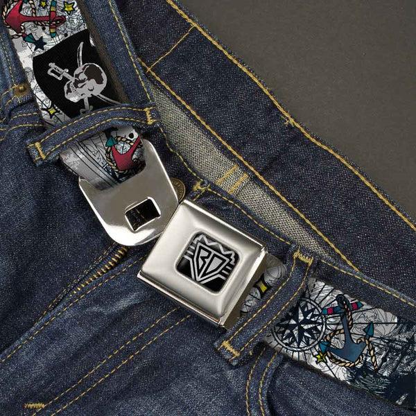 Buckle-Down BD Wings Logo CLOSE-UP Full Color Black Silver Seatbelt Belt - Dead Men Tell No Tales CLOSE-UP White Webbing