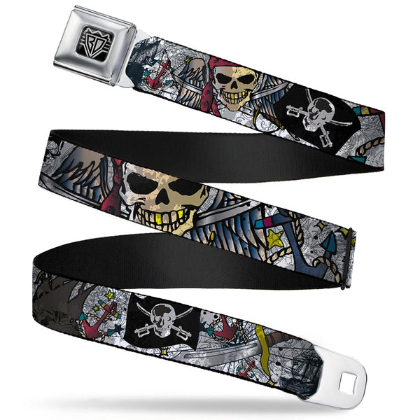 Buckle-Down BD Wings Logo CLOSE-UP Full Color Black Silver Seatbelt Belt - Dead Men Tell No Tales CLOSE-UP White Webbing