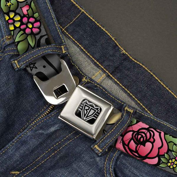 Buckle-Down BD Wings Logo CLOSE-UP Full Color Black Silver Seatbelt Belt - Dad & Dad Gray Webbing