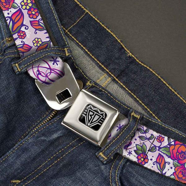 Buckle-Down BD Wings Logo CLOSE-UP Full Color Black Silver Seatbelt Belt - Born To Blossom Blue Webbing
