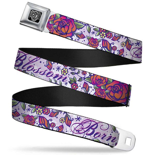 Buckle-Down BD Wings Logo CLOSE-UP Full Color Black Silver Seatbelt Belt - Born to Blossom Blue Webbing