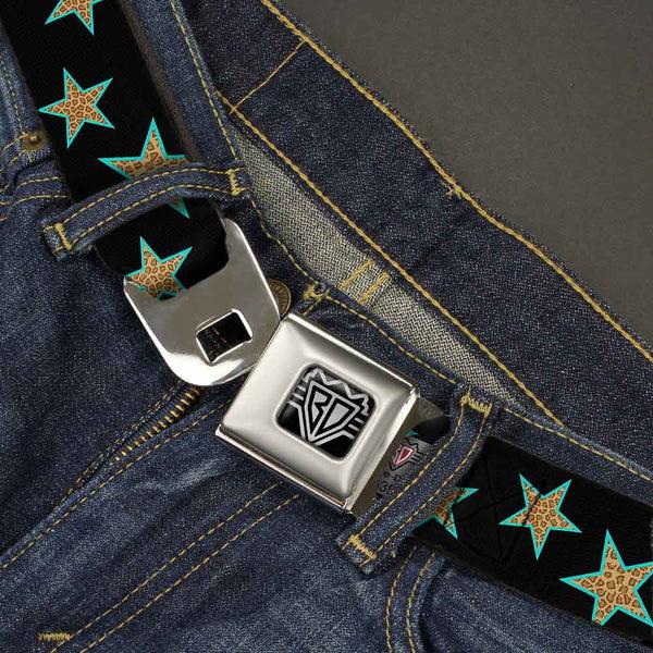 Buckle-Down BD Wings Logo CLOSE-UP Full Color Black Silver Seatbelt Belt - Multi Stars Black/Leopard/Baby Blue Outline Webbing