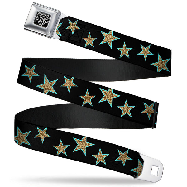 Buckle-Down BD Wings Logo CLOSE-UP Full Color Black Silver Seatbelt Belt - Multi Stars Black/Leopard/Baby Blue Outline Webbing