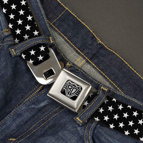 Buckle-Down BD Wings Logo CLOSE-UP Full Color Black Silver Seatbelt Belt - Mini Stars3 Black/White Webbing
