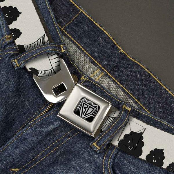 Buckle-Down BD Wings Logo CLOSE-UP Full Color Black Silver Seatbelt Belt - Zebra Poops Off-White/Black Webbing