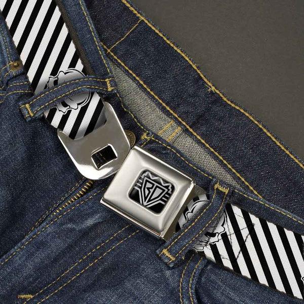 Buckle-Down BD Wings Logo CLOSE-UP Full Color Black Silver Seatbelt Belt - Metal Skull Black/White Webbing