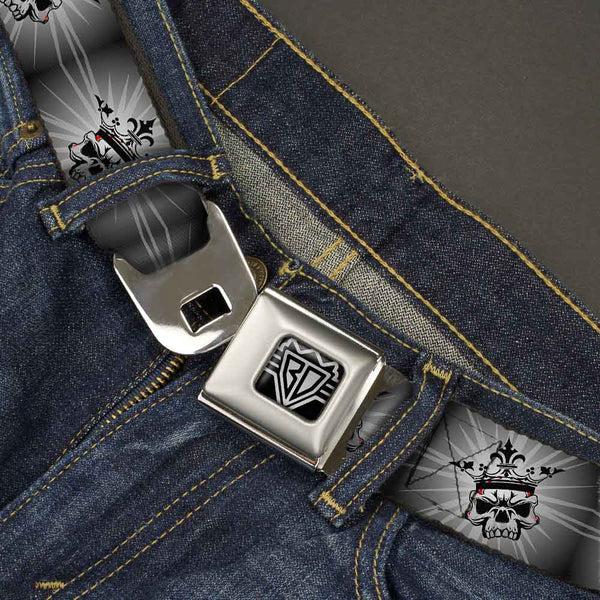 Buckle-Down BD Wings Logo CLOSE-UP Full Color Black Silver Seatbelt Belt - King Skull Blocks/Rays Grays Webbing