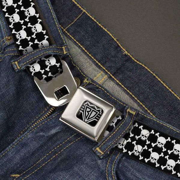 Buckle-Down BD Wings Logo CLOSE-UP Full Color Black Silver Seatbelt Belt - Top Skulls Black/White Webbing
