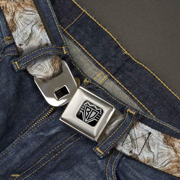 Buckle-Down BD Wings Logo CLOSE-UP Full Color Black Silver Seatbelt Belt - Driftwood Grain Webbing