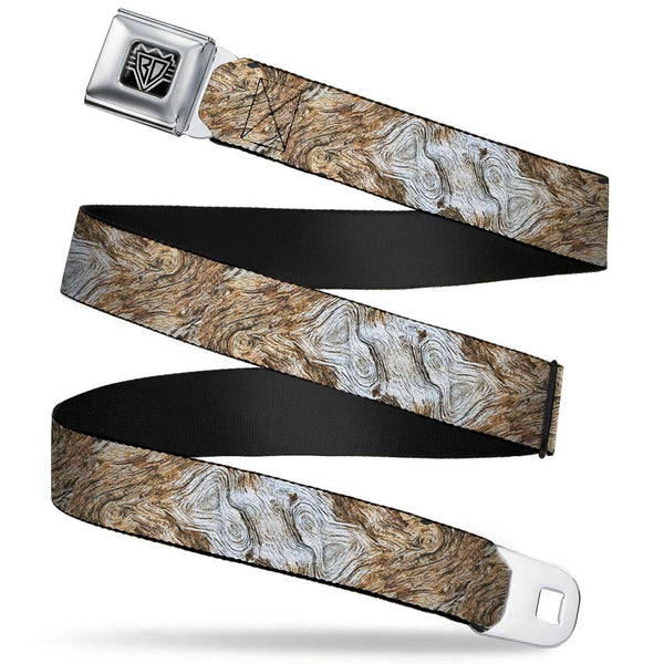 Buckle-Down BD Wings Logo CLOSE-UP Full Color Black Silver Seatbelt Belt - Driftwood Grain Webbing
