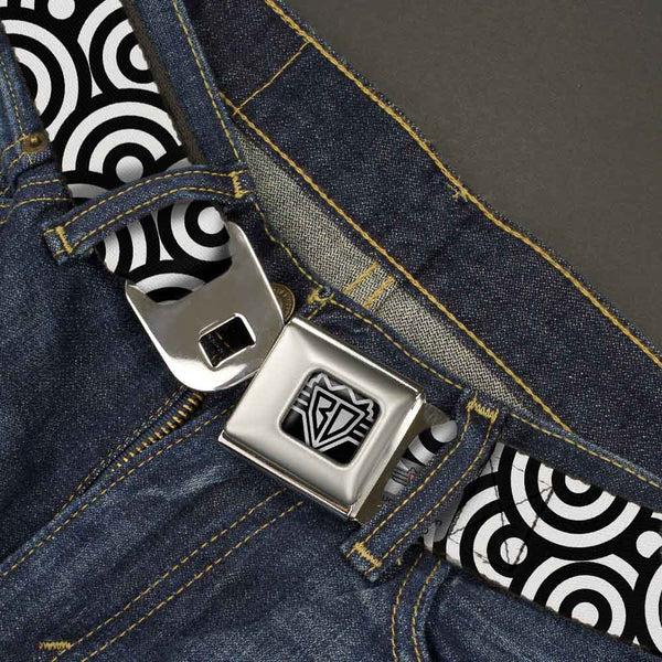 Buckle-Down BD Wings Logo CLOSE-UP Full Color Black Silver Seatbelt Belt - Bullseye Stacked Black/White Webbing