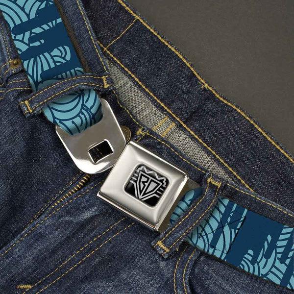 Buckle-Down BD Wings Logo CLOSE-UP Full Color Black Silver Seatbelt Belt - Doodle1/Paint Drips Blues Webbing