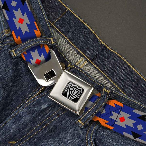 Buckle-Down BD Wings Logo CLOSE-UP Full Color Black Silver Seatbelt Belt - Navajo Gray/Blue/Orange/Black Webbing