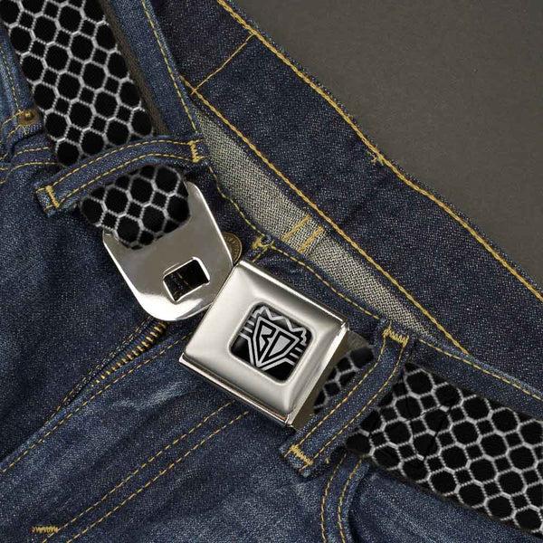Buckle-Down BD Wings Logo CLOSE-UP Full Color Black Silver Seatbelt Belt - Fishnet Stocking Black/White Webbing