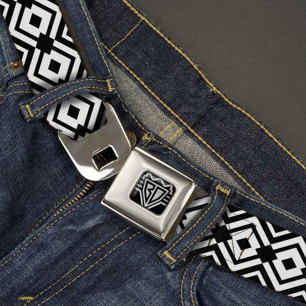 Buckle-Down BD Wings Logo CLOSE-UP Full Color Black Silver Seatbelt Belt - Aztec2 White/Black Webbing