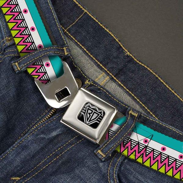 Buckle-Down BD Wings Logo CLOSE-UP Full Color Black Silver Seatbelt Belt - Aztec14 Seafoam Green/White/Pink/Lime Green/Black Webbing