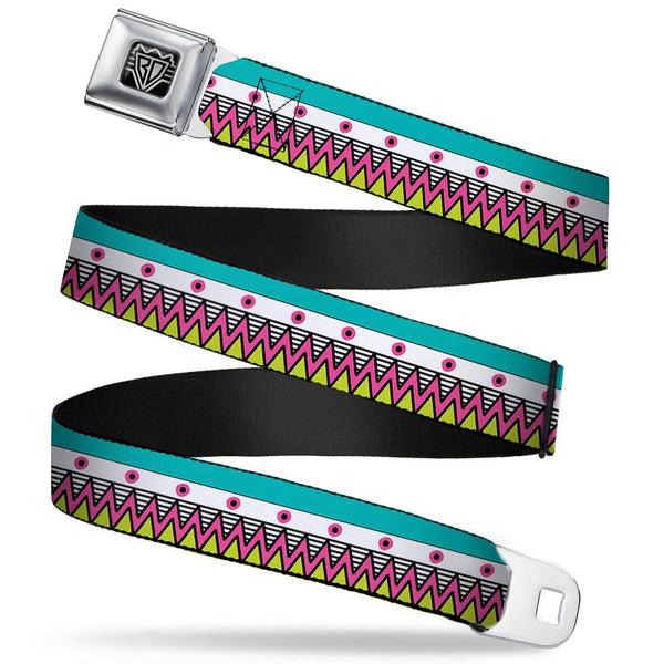 Buckle-Down BD Wings Logo CLOSE-UP Full Color Black Silver Seatbelt Belt - Aztec14 Seafoam Green/White/Pink/Lime Green/Black Webbing