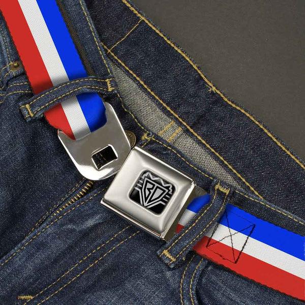 Buckle-Down BD Wings Logo CLOSE-UP Full Color Black Silver Seatbelt Belt - Stripes Blue/White/Red Webbing