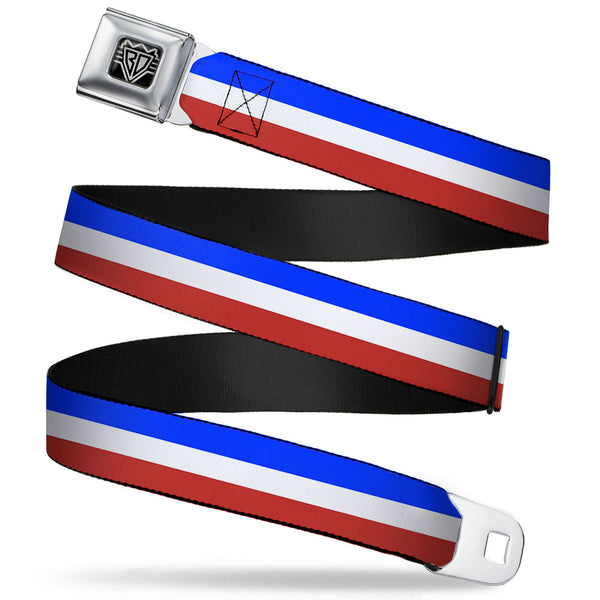 Buckle-Down BD Wings Logo CLOSE-UP Full Color Black Silver Seatbelt Belt - Stripes Blue/White/Red Webbing