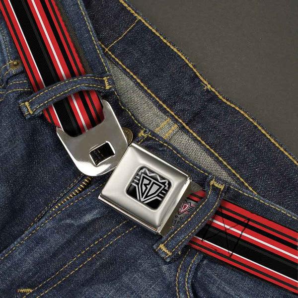 Buckle-Down BD Wings Logo CLOSE-UP Full Color Black Silver Seatbelt Belt - Stripes Red/Black/White Webbing