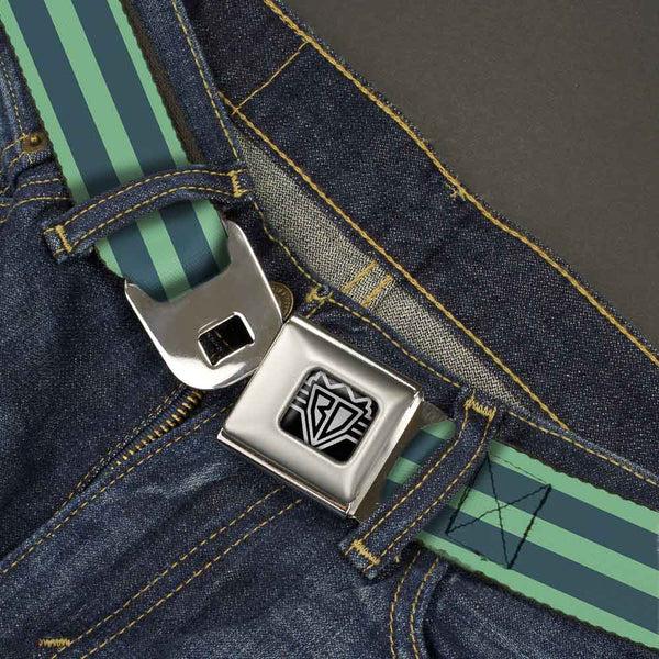 Buckle-Down BD Wings Logo CLOSE-UP Full Color Black Silver Seatbelt Belt - Stripes Pastel Green/Olive Webbing