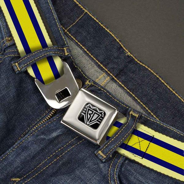 Buckle-Down BD Wings Logo CLOSE-UP Full Color Black Silver Seatbelt Belt - Stripes Light Yellow/Navy/Yellow Webbing
