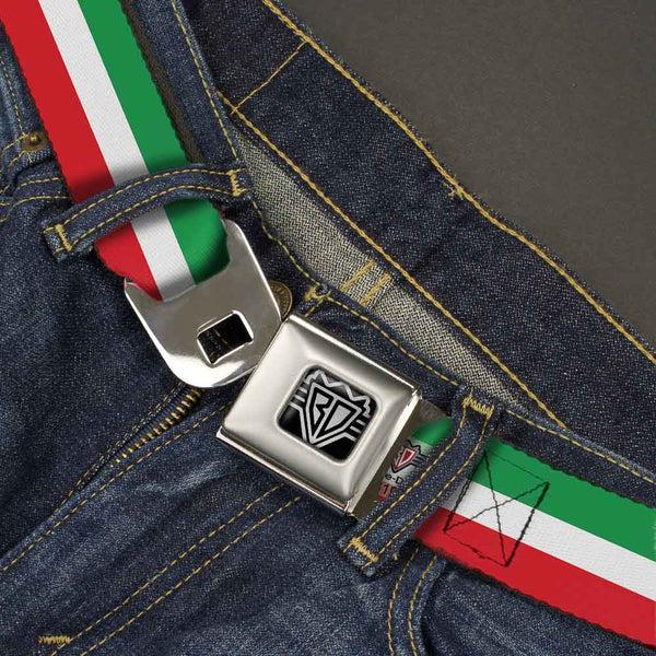 Buckle-Down BD Wings Logo CLOSE-UP Full Color Black Silver Seatbelt Belt - Stripes Green/White/Red Webbing