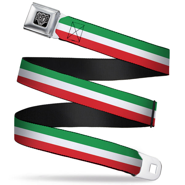 Buckle-Down BD Wings Logo CLOSE-UP Full Color Black Silver Seatbelt Belt - Stripes Green/White/Red Webbing