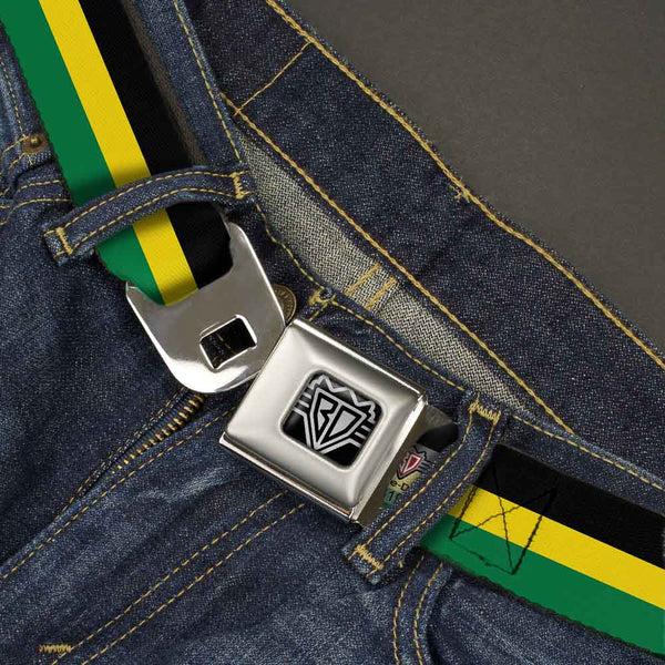 Buckle-Down BD Wings Logo CLOSE-UP Full Color Black Silver Seatbelt Belt - Stripes Black/Yellow/Green Webbing