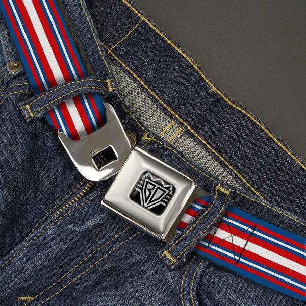 Buckle-Down BD Wings Logo CLOSE-UP Full Color Black Silver Seatbelt Belt - Striped Blue/Red/White Webbing