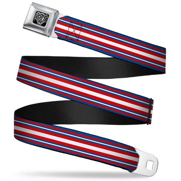 Buckle-Down BD Wings Logo CLOSE-UP Full Color Black Silver Seatbelt Belt - Striped Blue/Red/White Webbing Buckle-Down BD Wings Logo CLOSE-UP Full Color Black Silver Seatbelt Belt - Striped Blue/Red/White Webbing