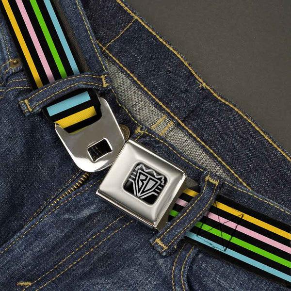 Buckle-Down BD Wings Logo CLOSE-UP Full Color Black Silver Seatbelt Belt - Stripe Blocks Black/Multi Pastel Webbing
