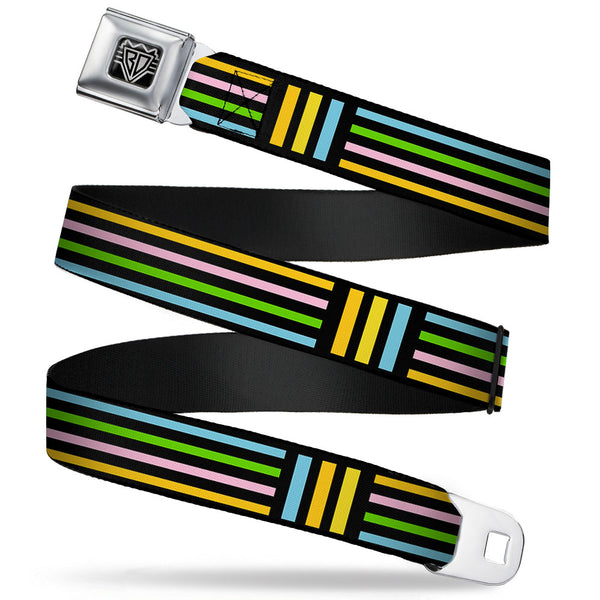 Buckle-Down BD Wings Logo CLOSE-UP Full Color Black Silver Seatbelt Belt - Stripe Blocks Black/Multi Pastel Webbing