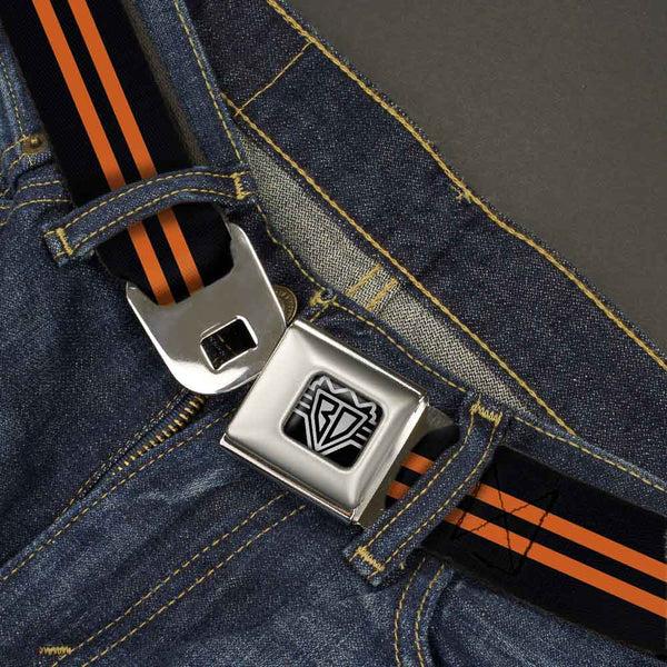 Buckle-Down BD Wings Logo CLOSE-UP Full Color Black Silver Seatbelt Belt - Stripe Black/Orange Webbing
