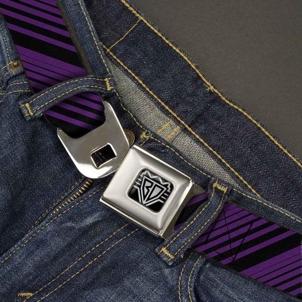 Buckle-Down BD Wings Logo CLOSE-UP Full Color Black Silver Seatbelt Belt - Diagonal Stripes Purples Webbing
